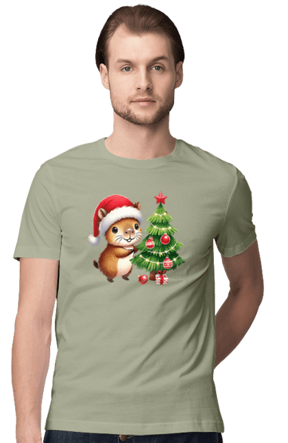 Men's t-shirt with prints Christmas Capybara with a Tree. Animal, capybara, christmas, christmas capybara, christmas tree, gift, holiday, new year, new year`s gift, santa. 2070702