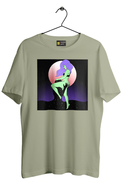 Футболка мужская с принтом Зеленая Девушка И Луна. Инопланетянка, луна. 2070702