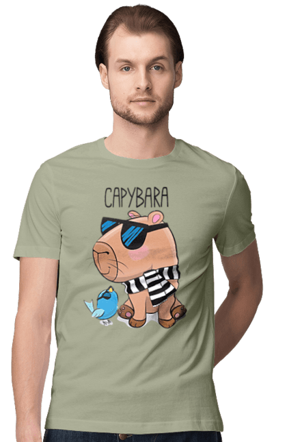 Футболка чоловіча з принтом "Стильна капібара". Капібара, модна капібара, настрій, окуляри, птах, сонячні окуляри, стильна капібара, тварина, шарф у смужку. 2070702