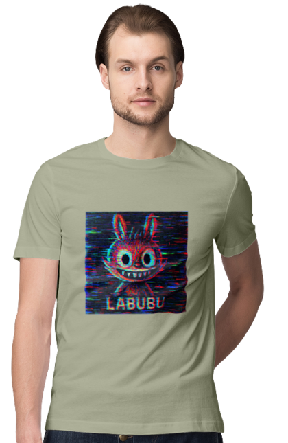 Men`s t-shirt with prints Labubu. Co-creation, crt, cyberpunk, digital mystery, glitch, labubu, noise, pixels, retro, rgb. 2070702