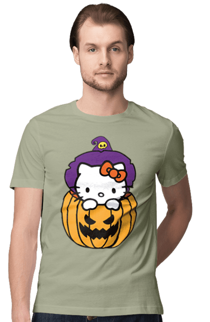 Футболка чоловіча з принтом "Хелло Кітті Хелловін". Halloween, hello kitty, witch, бренд, відьма, кіт, кошеня, персонаж, хелло кітті, хелловін. 2070702