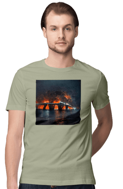 Футболка чоловіча з принтом "Кримський мост горить". Армія росії, армія україни, годить, зсу, крим, мост, удар, удар зсу. 2070702