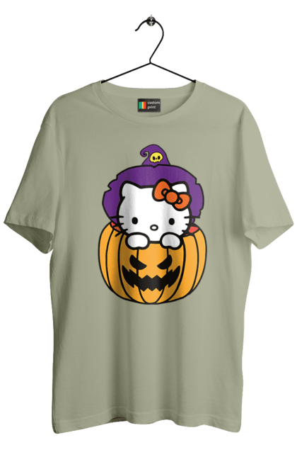 Футболка чоловіча з принтом "Хелло Кітті Хелловін". Halloween, hello kitty, witch, бренд, відьма, кіт, кошеня, персонаж, хелло кітті, хелловін. 2070702