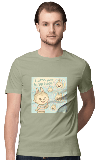 Men`s t-shirt with prints Labubu. Bulbashki, grailivo, happy bulbs, kawaii, kazkovo, labubu, lowercolors, milailustration, pastel art. 2070702