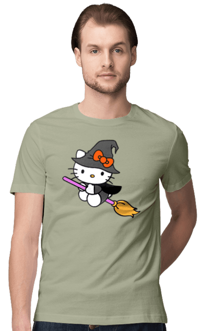 Футболка мужская с принтом Хелло Китти Хэллоуин. Halloween, hello kitty, witch, бренд, ведьма, кот, котенок, персонаж, хелло китти, хэллоуин. 2070702