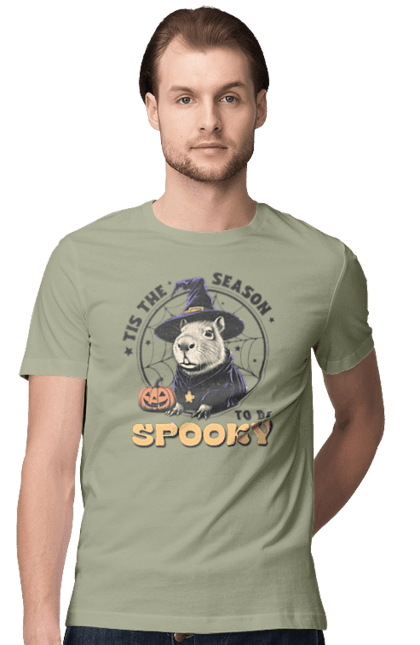 Men's t-shirt with prints Capybara Halloween. Animal, capybara, ghost, halloween, holiday, moon, pumpkin, rodent, witch. 2070702