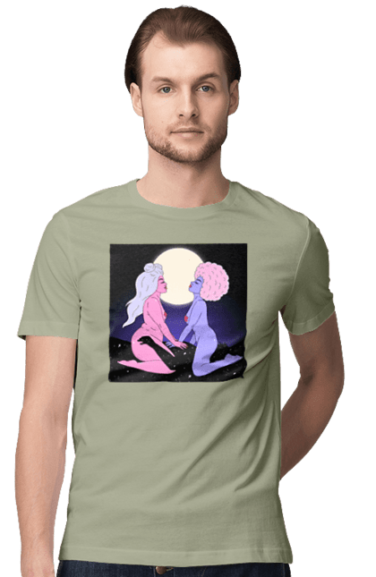 Футболка чоловіча з принтом "Дві Інопланетянки І Місяць". Дівчата, зверху, інопланетянки. 2070702