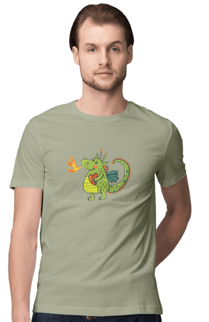 Men's t-shirt with prints Dragon in love. Dragon, fire, green dragon, heart, hearts, love, new year, symbol 2024. 2070702