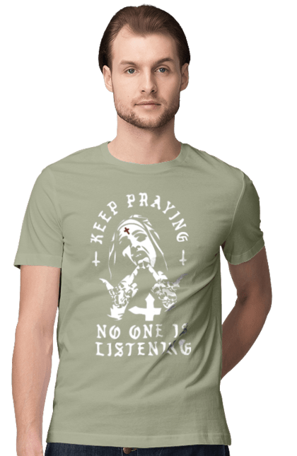 Футболка чоловіча з принтом "Монашка фак". Крута, метал, модна, молодіжна, ніхто не слухає, продовжуй молитися, рок, стильна, фак, черниця. 2070702