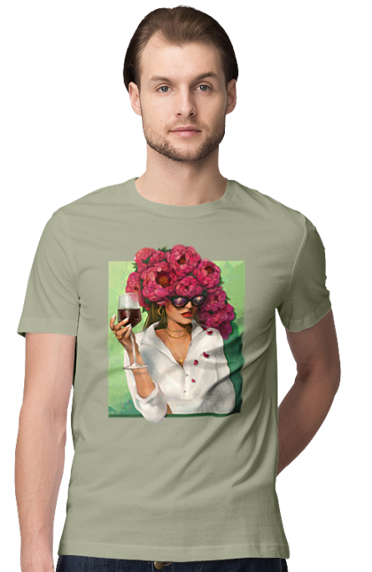 Футболка чоловіча з принтом "Дівчина з півоніями та келихом". Вино, дівчина, квітка, келих, літо, окуляри, півонії, сорочка. 2070702