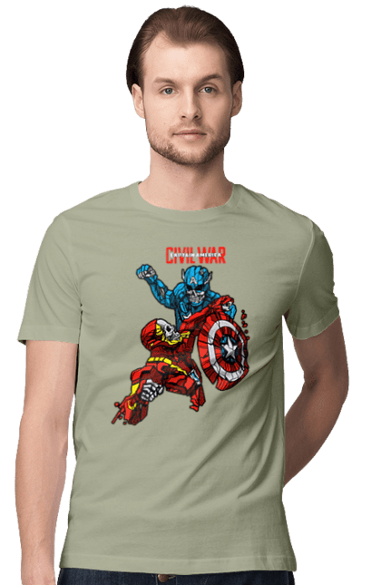 Футболка мужская с принтом Железный человек vs Капитан Америка. Captain america, civil war, iron man, marvel, marvel comics, железный человек, капитан америка, марвел, мстители, тони старк. 2070702