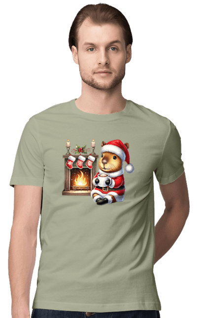 Men's t-shirt with prints Capybara by the fireplace with hot chocolate. Animal, capybara, christmas, christmas capybara, fireplace, gift, holiday, hot chocolate, new year, santa. 2070702