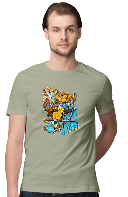 Футболка чоловіча з принтом "Жовті квіти на синьому фоні". Арт, жовтий та синій, жовті квіти, жовто-синій, квіти, малюнок, природа, синій та жовтий, синьо-жовтий. 2070702