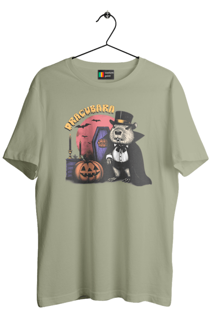 Men's t-shirt with prints Capybara Halloween. Animal, capybara, ghost, halloween, holiday, moon, pumpkin, rodent, vampire. 2070702