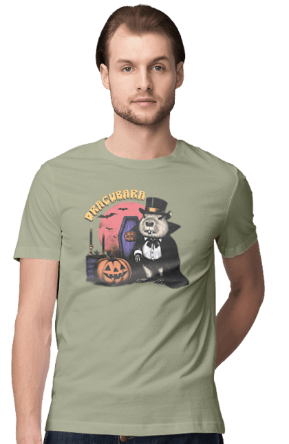 Men's t-shirt with prints Capybara Halloween. Animal, capybara, ghost, halloween, holiday, moon, pumpkin, rodent, vampire. 2070702