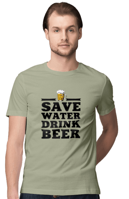 Футболка чоловіча з принтом "Бережи воду, пий пиво (чорна)". 18+, алкоголь, бар, гумор, любителям писа, меми, пиво, приколи, текст, чоловікам. 2070702
