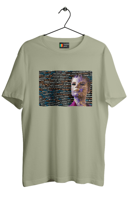 Футболка чоловіча з принтом "Штучний Розум". Айті, айтішник, гик, жінка, знання, інженер, інтелект, кібер, кібернетика, кіборг, код, комп, комп`ютерник, кристал, машинне навчання, мікросхема, мозок, портрет, програміст, професіонал, професія, розробник, розум, світиться, світло, хакер, чіп, штучний інтелект, штучний розум. 2070702