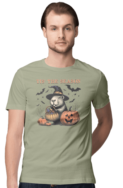 Men's t-shirt with prints Capybara Halloween. Animal, capybara, ghost, halloween, holiday, moon, pumpkin, rodent, witch. 2070702