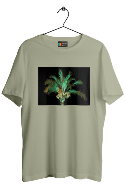 Футболка чоловіча з принтом "Фінікова Пальма Вночі". Берег, відпочинок, відпустка, зелений, море, ніч, оазис, океан, острів, пальма, південь, подорож, пригоди, тропіки, фінікова, чорне. 2070702