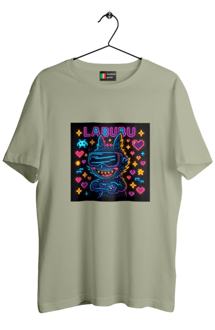 Men`s t-shirt with prints Labubu. Cyberart, gamepad, gamerculture, glow, iconsarkadi, labubu, neongaming, pixelart, retroarcade, vr glasses. 2070702