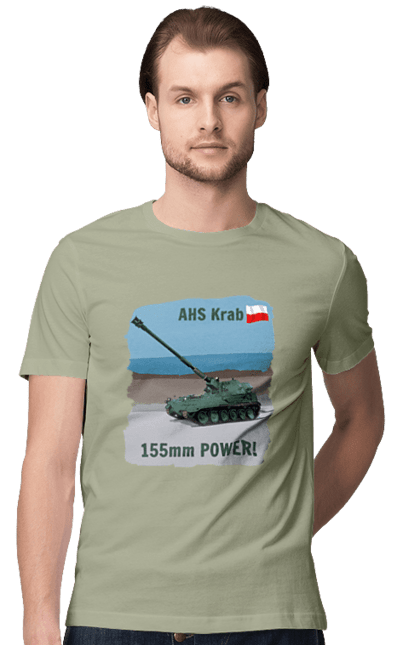 Футболка чоловіча з принтом "155mm Power! САУ Krab оливковий". Ahs krab, артилерія, гаубиця, краб, польща, сау. 2070702