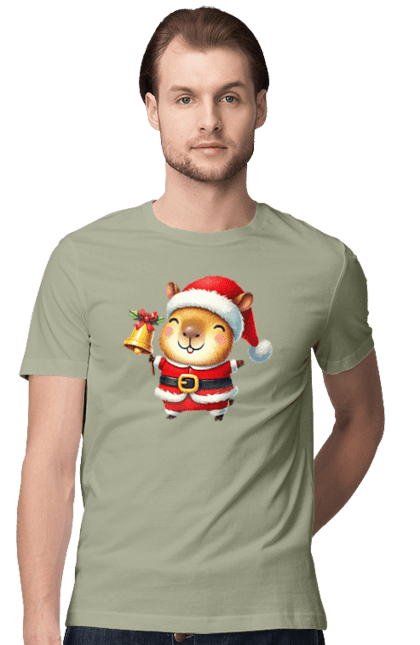 Men's t-shirt with prints Funny capybara with a bell. Animal, bell, capybara, christmas, christmas capybara, gift, holiday, new year, new year`s gift, santa. 2070702