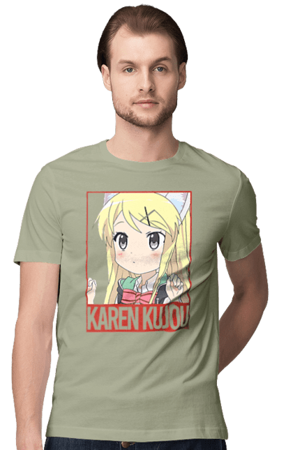 Футболка мужская с принтом Золотая мозаика Карен Кудзё. Anime, karen kujo, kiniro mosaic, kinmoza, manga, аниме, золотая мозаика, карен, карен кудзё, манга. 2070702