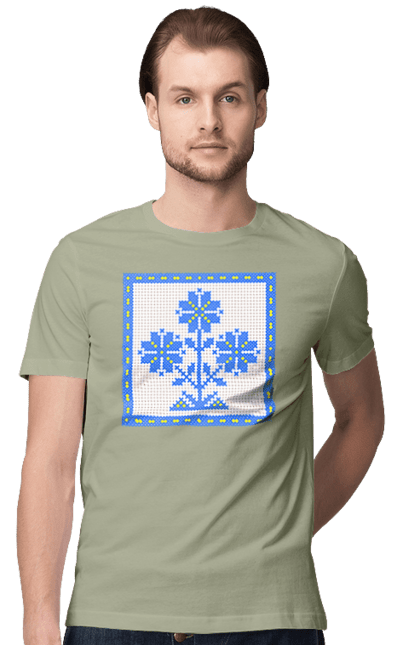 Футболка чоловіча з принтом "Жовто блакитна вишивка квіти". Вишивка, вишивка хрестиком, квіти, символ україни, традиції україни, україна. 2070702