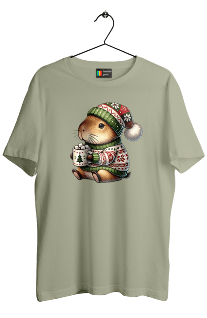 Men's t-shirt with prints Capybara with hot chocolate. Animal, capybara, christmas, christmas capybara, gift, holiday, hot chocolate, new year, santa. 2070702