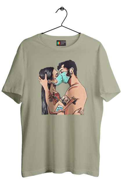 Футболка чоловіча з принтом "Коронавірусна Любов". Карантин, коронавірус, кохання, маска, поцілунок. 2070702