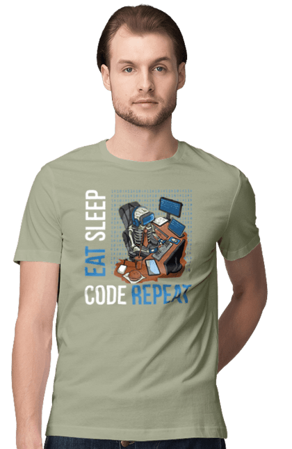 Футболка чоловіча з принтом "Їж Cпи Кодуй Повторюй". Айті, айтішник, для айтішника, для програміста, їж спи, кодуй повторюй, подарунок айтішнику, подарунок програмісту, програміст, розробник. 2070702