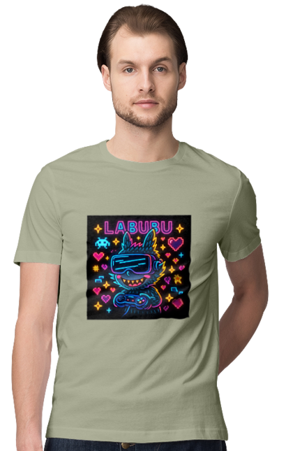 Men`s t-shirt with prints Labubu. Cyberart, gamepad, gamerculture, glow, iconsarkadi, labubu, neongaming, pixelart, retroarcade, vr glasses. 2070702