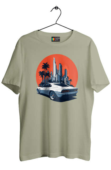 Футболка чоловіча з принтом "Авто". Гонка, захід сонця, спортивний автомобіль, швидкість. 2070702
