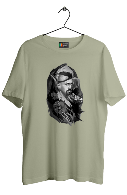 Футболка чоловіча з принтом "Козак". Вуса, квітки, козак, пістолет, справжній українець, чуб. 2070702