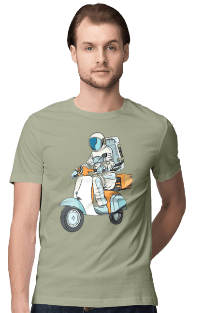 Футболка чоловіча з принтом "Космонавт на мотоциклі". Космонавт, космос, мотоцикл. 2070702