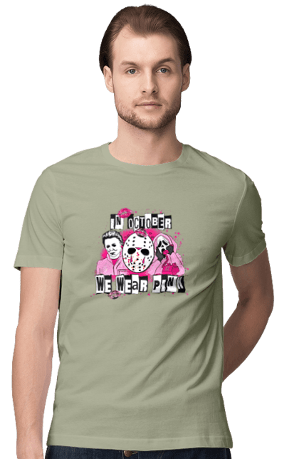 Men's t-shirt with prints In October we wear pink. Costume, halloween, holiday, horror, october, october 31, pink, villains. 2070702