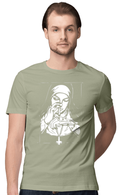 Men`s t-shirt with prints The nun sniffs the powder. Cool, cross, fashionable, nun, popular. 2070702