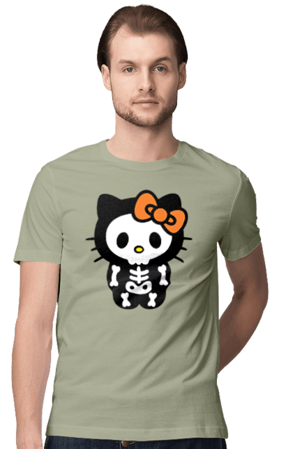 Футболка мужская с принтом Хелло Китти Хэллоуин. Halloween, hello kitty, zombie, бренд, зомби, котенок, персонаж, скелет, хелло китти, хэллоуин. 2070702