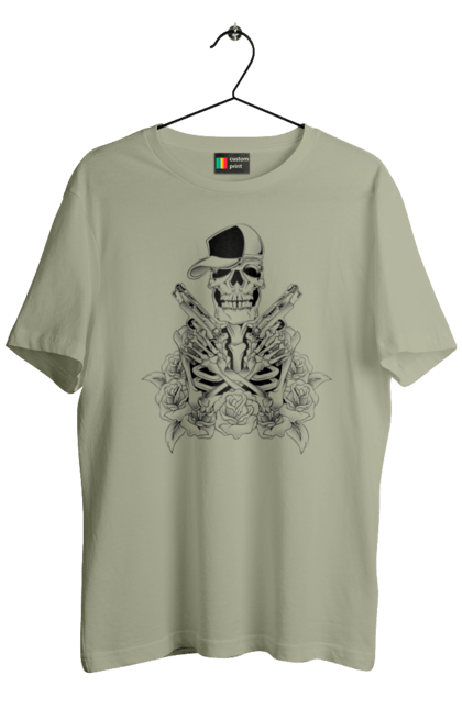 Men's t-shirt with prints Skeleton with pistols. Black and white, bones, cap, gun, roses, scull, skeleton, teeth. 2070702