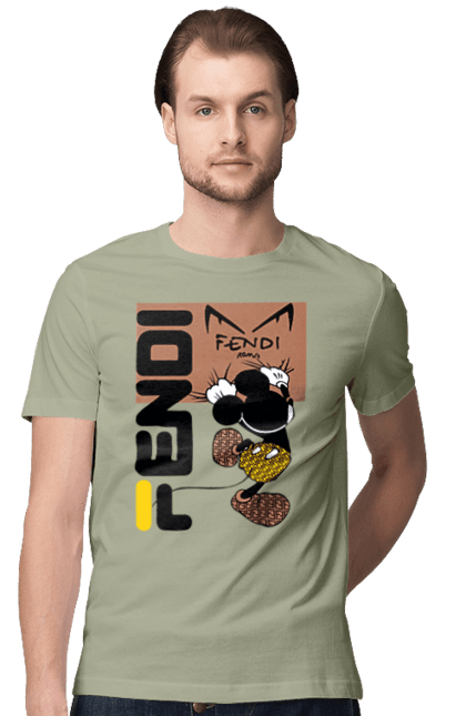 Футболка чоловіча з принтом "Fendi Міккі Маус". Fendi, mickey mouse, бренд, будинок моди, італія, люкс, міккі маус, мода, сумка, фенді. 2070702