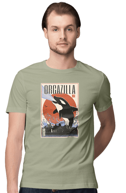 Men's t-shirt with prints Orcazilla. Cartoon style design, graphic, japan print, japanese, japanese art, japanese poster, japanese poster orca, ocean wildlife, orca, orcazilla. 2070702