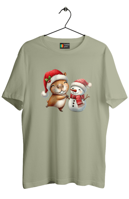 Men's t-shirt with prints Capybara and Snowman. Animal, capybara, christmas, christmas capybara, gift, holiday, new year, new year`s gift, santa, snowman. 2070702