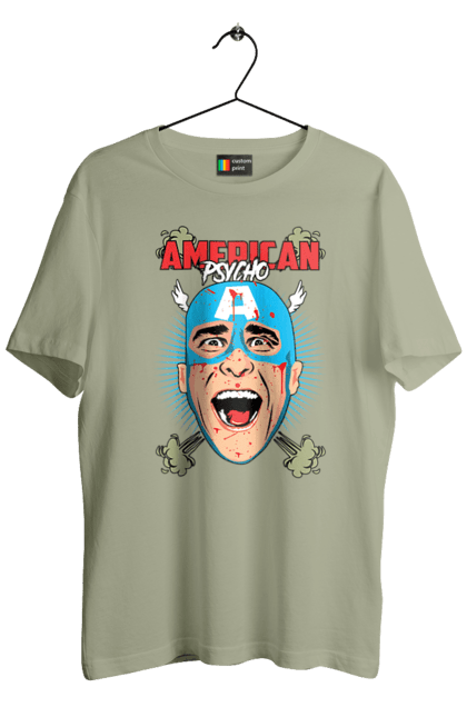 Футболка чоловіча з принтом "Американський психопат". American psycho, captain america, американський психопат, капітан америка, книга, фільм. 2070702