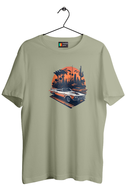 Футболка чоловіча з принтом "Гарне авто на закаті". Авто, закат, захід сонця, солнце, сонце. 2070702