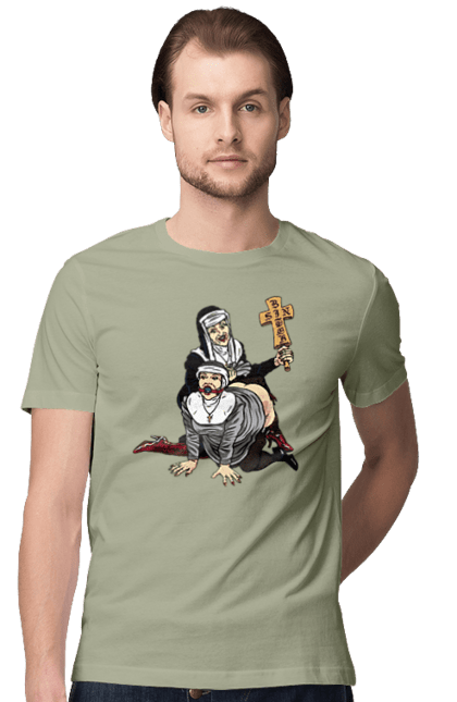 Футболка чоловіча з принтом "Монашки БДСМ". Бдсм, крута, модна, молодіжна, плескає по дупі, рок, рольові ігри, черниці бдсм, черницю, черниця. 2070702