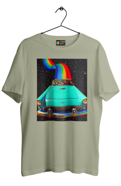 Футболка чоловіча з принтом "Картина, машина у космосі". Веселка, картина, космос, машина, подорожі, поїздка, прикол, ретро. 2070702