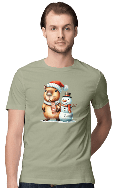 Men's t-shirt with prints Capybara and Snowman. Animal, capybara, christmas, christmas capybara, gift, holiday, new year, new year`s gift, santa, snowman. 2070702