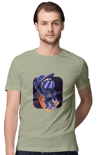 Футболка чоловіча з принтом "Космо біткоїн". Биткоин, бінарний, біткоїн, біткойн, валюта, гроші, крипто, програміст, хакер. 2070702