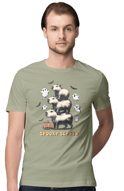 Men's t-shirt with prints Capybara Halloween. Animal, capybara, ghost, halloween, holiday, moon, pumpkin, rodent. 2070702