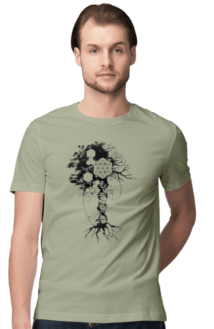 Футболка чоловіча з принтом "Древо життя". Геном людини, дерево життя, золотий перетин, квітка життя, сакральна геометрія, таємниця світобудови, таємниця числа фібоначчі, число бога, число фібоначчі. 2070702